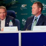 Von links nach rechts: Tim Finchem, Michael Whan und Caroline Masson bei einer Pressekonferenz über Golf bei Olympia 2016. (Foto: Getty)