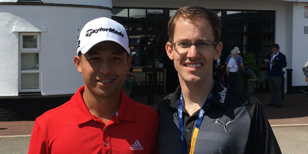 Golf Post Redakteur Lars Kretzschmar (r.) trifft Xander Schauffele am Rand der British Open in Royal Birkdale.