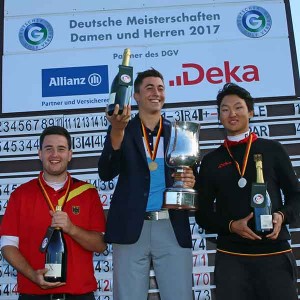 Das Podest der Herren (v.l.n.r.): Max Schmitt (GC Rheinhessen), Marc Hammer (GC Mannheim-Viernheim) und David Li (Kölner GC). (Foto: DGV/stebl)