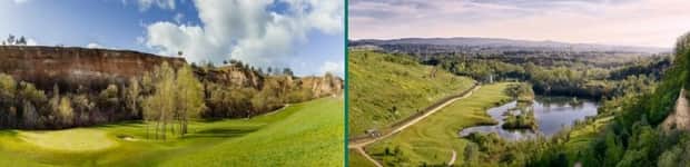 Die beeindruckende Kulise des Steinbruchs (links) und ein wunderschönes Rheingau-Panorama (rechts) im Mainzer Golfclub. (Fotoquelle: Mainzer Golfclub)