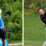 Im Frankfurter GC findet mit dem zweiten Spieltag der Kramski Deutschen Golf Liga ein Doppelspieltag statt. Hier zu sehen sind Maximilian Oelfke vom GC Mannheim Viernheim (li.) und Marie Coors vom Frankfurter GC (re.). (Foto: DGV)