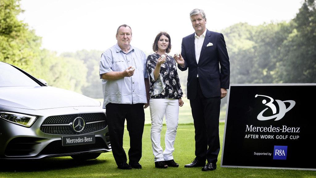 Klaus Finger, Managing Director W&L Internationale Golf AG, Nicola Brackston, Mercedes Benz Sport Sponsoring International Golf und Michael Tate, Executive Director Business Affairs The R&A bei der Pressekonferenz im Frankfurter Golfclub (Foto: Daimler)