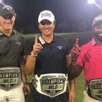 Die Sieger der World Long Drive Championship 2018 mit ihren "Championship Belts" (v. li. n. re.: Eddie Fernandes, Phillis Meti, Maurice Allen). (Foto: Twitter / @WorldLongDrive)