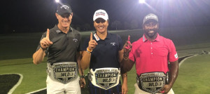 Die Sieger der World Long Drive Championship 2018 mit ihren "Championship Belts" (v. li. n. re.: Eddie Fernandes, Phillis Meti, Maurice Allen). (Foto: Twitter / @WorldLongDrive)