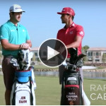 Jon Rahm (re.) gegen Rafael Cabrera Bello (li.) im Wettstreit bei der 14 Club Challenge in Dubai. (Foto: YouTube / European Tour)