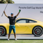 Der Italiener Marco Leoni freut sich nach seinem Hole-in-One über den nagelneuen gelben Flitzer im Hintergrund. (Foto: Porsche)