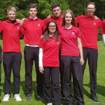 Die Jugendmannschaft des Frankfurter GC: Hintere Reihe v.l.: Keith Coveney (Trainer), Caspar Graf, Niklas Vliamos, Daniel Tack, Tim Opderbeck, Aki Hechler; Vordere Reihe v.l.: Fiorella Ghaboli, Tessa Kremser. (Bild: Frankfurter GC)
