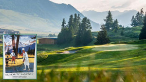 Ein Blick über die Samedan Golf-Anlage und die "Walk of History"-Tafel. (Fotos: Engadin Golf Club und Jürgen Linnenbürger)