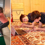 Nachwuchsgolferin Chiara, links, 12, beim Online-Fitness-Training und die Brüder Severin, mitte, 12, und Valentin, 13, beim Unterarmstütz vor dem Laptop. (Fotos: Privat)