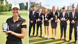 Alexandra Försterling (Bild links) gewinnt Silber bei der Damen-EM in Italien. Das Junior Team Germany (Bild rechts) mit (v.l.) Athletik-Trainer Christian Marysko, Peer Wernicke, Philipa Gollan, Helen Briem, Tim Wiedemeyer und Bundestrainer Sebastian Rühl nach der Siegerehrung in Finnland. (Fotos: EGA Golf)