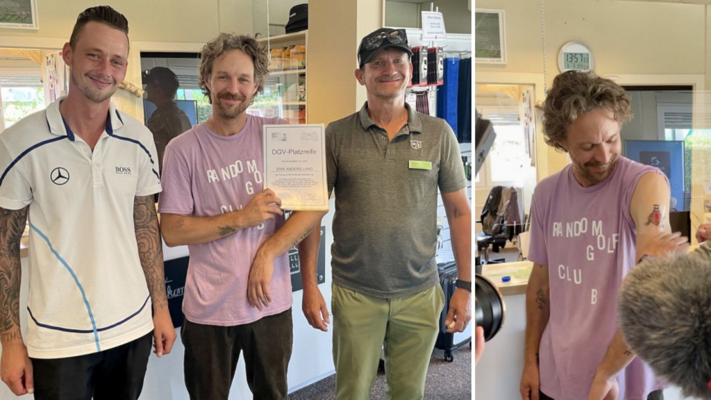 Platzreife und Wasser-Tattoo für Pott-Golf-Fans: Erik Anders Lang mit Golflehrer Kevin Kunze und Thilo Fassbender, dem Chef der "Schwungfabrik" in Oberhausen und Gelsenkirchen. (Fotos: Michael F. Basche)