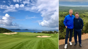 Links ist der International Olympic Academy Golf Course zu sehen. Rechts zeigt Jürgen Linnenbürger bei seinem Treffen mit José Mariá Olazábal vor dem The Hills Course. (Foto: Jürgen Linnenbürger)