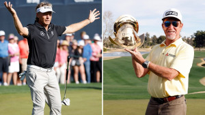 Da fliegt sogar der Schläger: Bernhard Langer freut sich über den zweiten Rang auf der PGA Tour Champions, Miguel Angel Jimenez gewinnt in Arizona. (Foto: Getty)