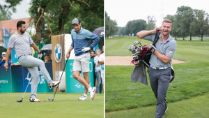 Ex-Teamkollegen Thomas Müller und Claudio Pizarro albern rum und Olympiasieger Johannes Lochner hat ebenfalls sichtlich Spaß beim Pro-Am der BMW International Open 2022.