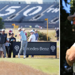 Tiger Woods und Justin Thomas auf der Proberunde vor der British Open 2022. Greg Norman (li.) ist nicht eingeladen. (Foto: Getty)