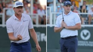 Mackenzie Hughes (li.) schlägt Sepp Straka (re.) am zweiten Playoff-Loch bei der Sanderson Farms Championship. (Fotos: Getty)