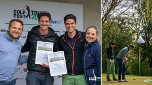 Christian Knieps (2.v.l.) und Oskar Delius (3.v.l.) erreichten in der Nettoklasse B den zweiten Rang. Matthias Gräf (li.) und Elena Fingerhuth gratulierten. (Foto: Golf Post)