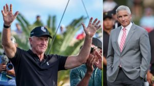 Greg Norman (li.) sorgte mit der LIV Golf Invitational Series in diesem Jahr für mehr Aufsehen als sein Gegenüber Jay Monahan (re.) mit der PGA Tour. (Fotos: getty)