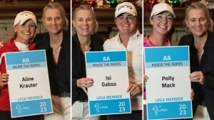 Aline Krauter, Isi Gabsa und Polly Mack (v.l.n.r.) freuen sich mit LPGA Tour Commissioner Mollie Marcoux Samaan über ihre Tourkarten. (Fotos: getty)