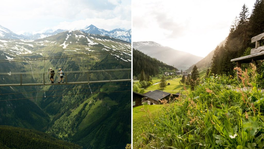 Die Hängebrücke am Stubnerkogel (li) und das Kötschachtal im Frühling. (Foto: Ski & Golf)