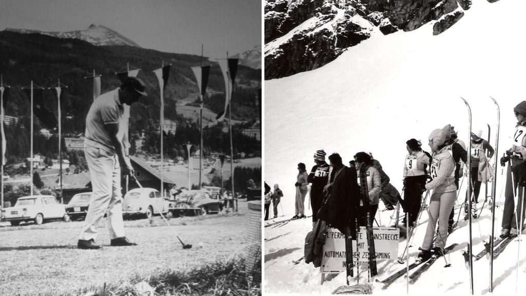 Toni Sailer beim Golf 1969 (li) und die Ski-Teilnehmer 1974 (re). (Foto: Ski & Golf)