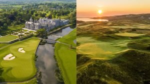 Links der Golfplatz des Luxushotel Adare Manor, der Austragungsort des Ryder Cups 2027 sein wird und rechts der Royal Portrush Golfplatz im goldenen Licht des Sonnenuntergangs. (Quelle: Tourism Ireland)
