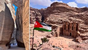 Auf dem Weg zum Schatzhaus durch den Siq und Blick auf das Kloster Ad Deir (Foto Jürgen Linnenbürger)