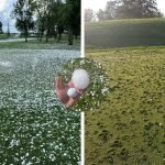 Ein verherrender Hagelsturm in Minnesota hat auf einem Golfplatz große Schäden hinterlassen. (Quellen: Oakdale Golf Facebook (links), Douglas Wylie Facebook (rechts), beck erholtz Twitter(mitte))