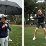 Harry Kane und Thomas Müller beim Kräftemessen auf dem Golfplatz. (Fotos: Instagram @fcbayern)