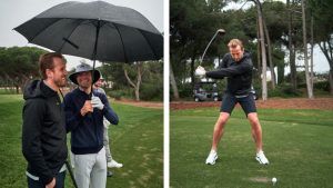 Harry Kane und Thomas Müller beim Kräftemessen auf dem Golfplatz. (Fotos: Instagram @fcbayern)