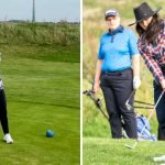 Niedersachsen statt Schottlands Nordosten: Praktikantin Zara Macdonald auf dem Platz in Gleidingen (r.) und beim Wett-Chippen im Rahmen des Beginnerturniers. (Fotos: Michael F. Basche, Golf51)