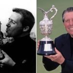 Gary Player mit dem Claret Jug nach seinem Sieg bei der Open Championship 1968 und Jahre später mit derselben Trophäe. (Fotos: Getty)