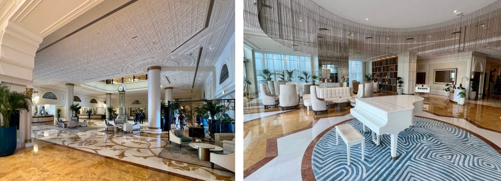 Lobby und Peacock-Alley mit weißem Klavier. (Foto: Jürgen Linnenbürger)